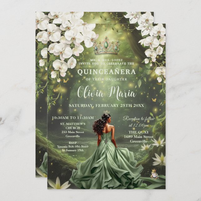 Convite Encantadora Princesa e Sapo Verde, Quinceañera (Frente/Verso)