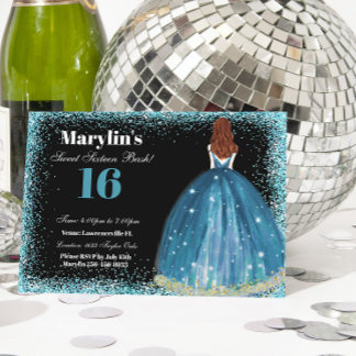 Convite Encantadora Turquesa Glitter Princess Sweet 16