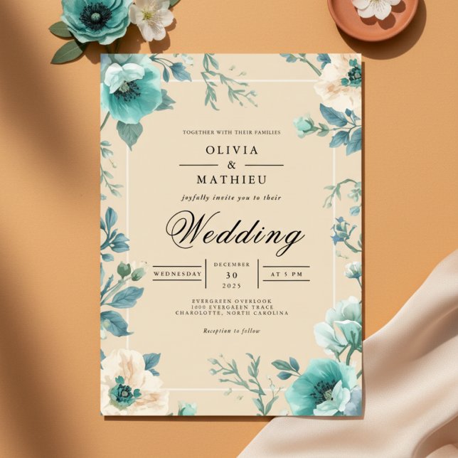 Convite Encantamento de Casamento com Arco Floral Turquesa (Criador carregado)