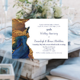 Convite Encantando Abstrato Azul Dourado Casamento Anivers