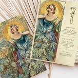 Convite Encantando Art Nouveau Wedding Sunlit Menu Card<br><div class="desc">Esta carta de cardápio de casamento inspirada em Art Nouveau exude elegância com uma vibrante paleta de verdes, teal e matizes quentes de ouro. A design apresenta uma mulher graciosa cercada por florescentes folhagem e flores, sua expressão serena iluminada por um halo radiante que lembra a luz solar. Este trabalho...</div>