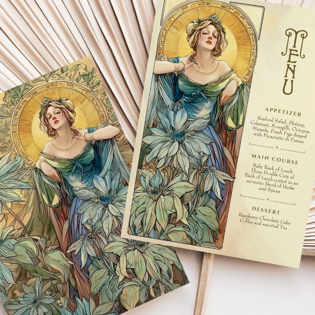 Convite Encantando Art Nouveau Wedding Sunlit Menu Card (Criador carregado)
