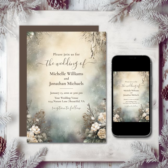 Convite Encantando Casamento Floral Romântico do Jardim de (Enchanting Romantic Winter Garden Floral Wedding Invitation)