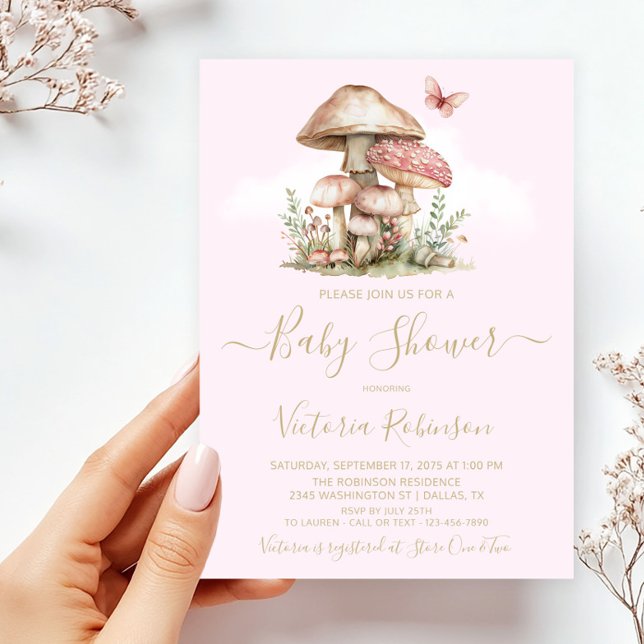 Convite Encantando Chá de fraldas de Cogumelo da Floresta  (Girl mushroom and butterfly baby shower invitation. Simply add your event details.)