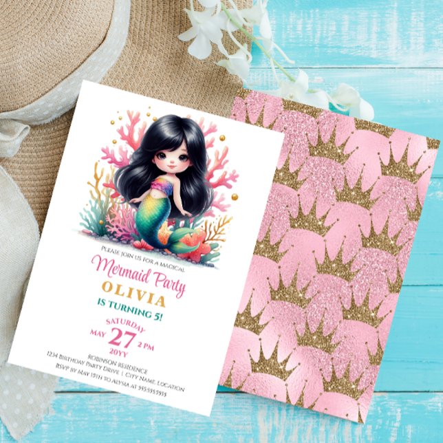 Convite Encantando Festa de aniversário de Sereia Mágica (Enchanted dark-haired mermaid birthday invitation front and back.)