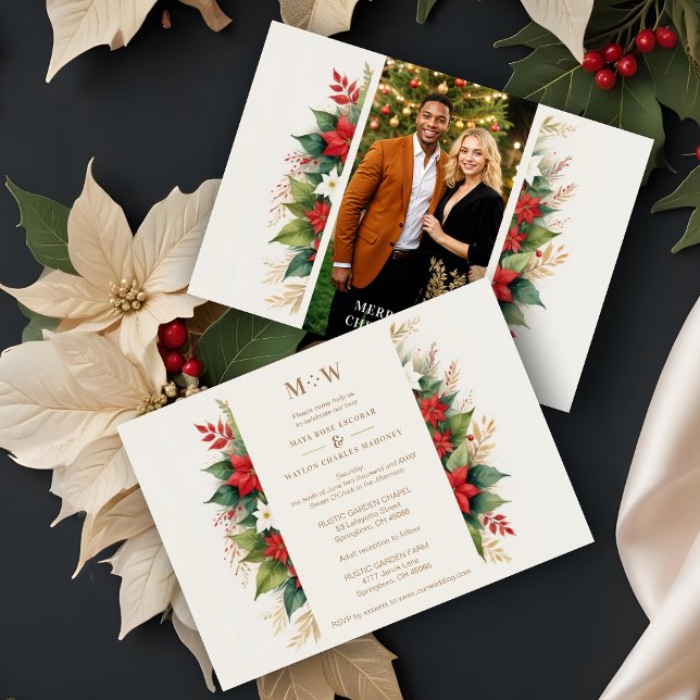 Convite Encantando Holly e Poinsettias de Natal (Enchanting Holly Branches & Christmas Poinsettias Flowers Photo Faux Golden Wedding Invitations Card)