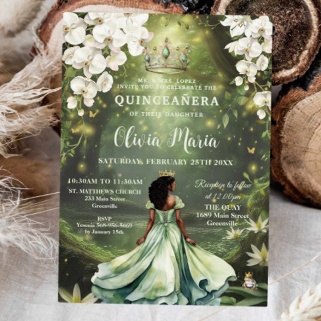 Convite Encantando Princesa e Sapo Vestido Verde Quinceañe (princess-and-the-frog-green-dress-gown-enchanted-swamp-white-orchids-floral-quinceanera-invitation)