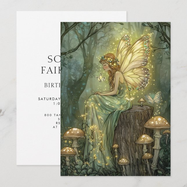 Convite Enchanted Fairy First Birthday Forest Mushrooms (Frente/Verso)