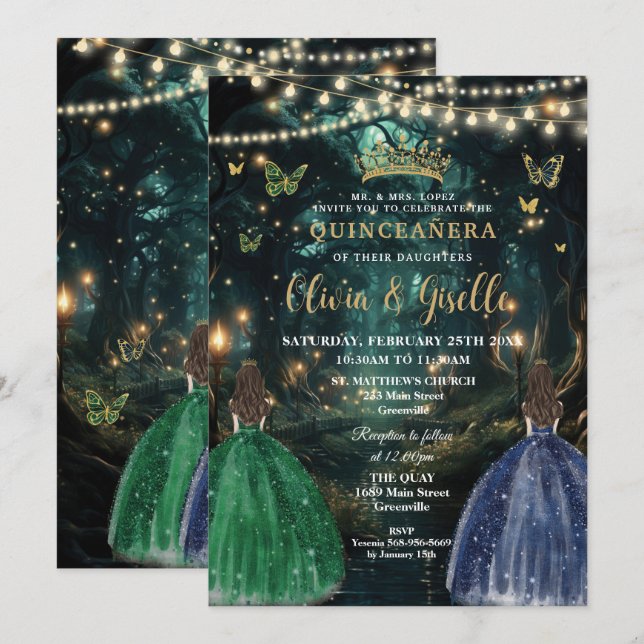 Convite Enchanted Forest Emerald & Navy Twins Quinceañera (Frente/Verso)
