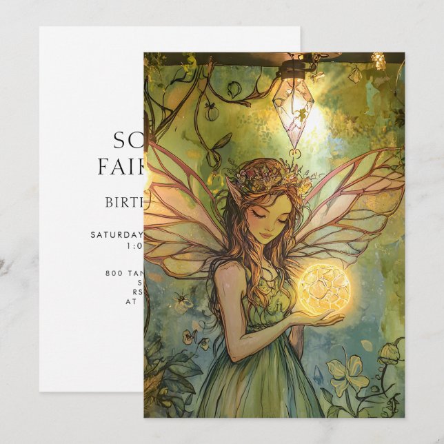Convite Enchanted Forest Fairy Fairy First Birthday (Frente/Verso)