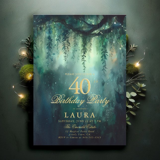 Convite Enchanted Forest Fairy Gold Greenery 40th Birthday (40th birthday invite for women enchanted forest garden greenery foliage emerald gold woodland fairy)