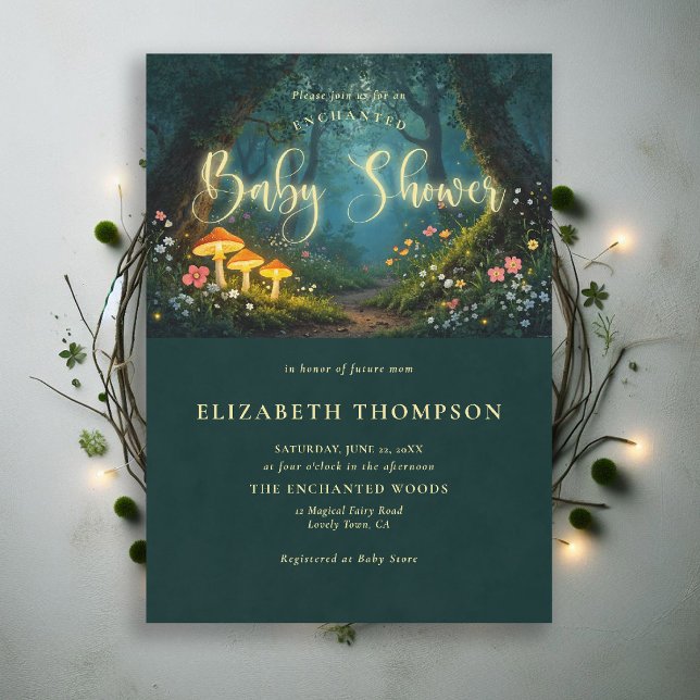 Convite Enchanted Forest Mushrooms Glow Script Baby Shower (enchanted forest baby shower theme invite magical fairy tale mushrooms woodland wildflowers fantasy )