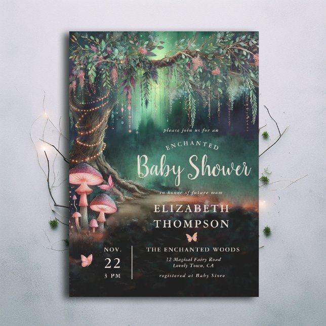 Convite Enchanted Forest Woodland Mushrooms Baby Shower (enchanted forest baby shower theme invitation mushrooms butterflies emerald green pink woodland)
