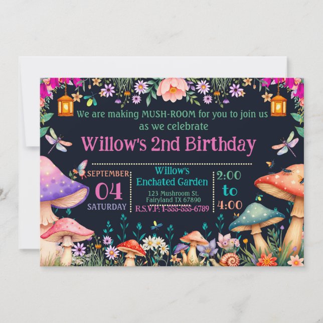 Convite Enchanted Garden Mushroom Birthday Party Invite (Frente)