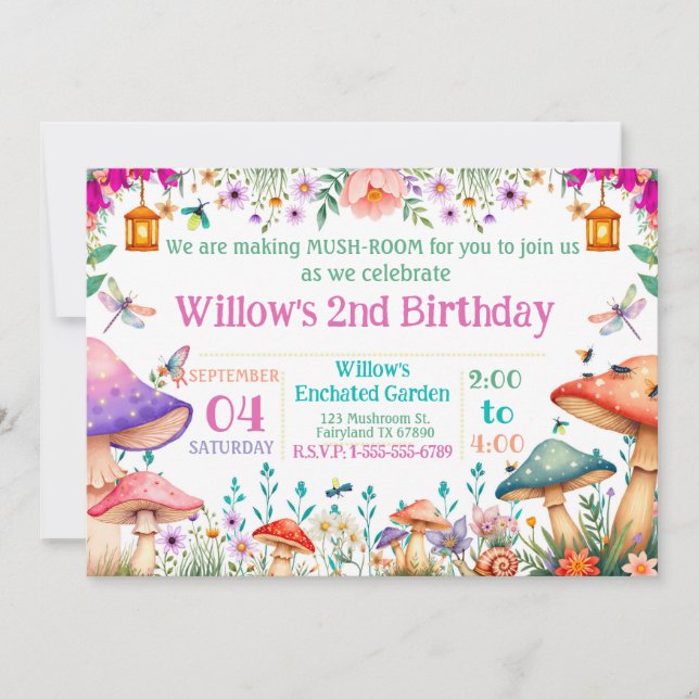 Convite Enchanted Garden Mushroom Birthday Party Invite (Frente)