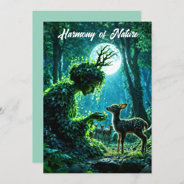 Convite Enchanted nature guardian feeding a baby fawn (Frente/Verso)
