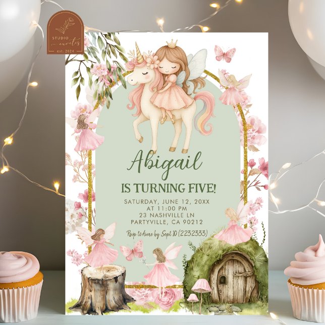 Convite Enchanted Pink Fairy and Unicorns Forest Birthday (Criador carregado)