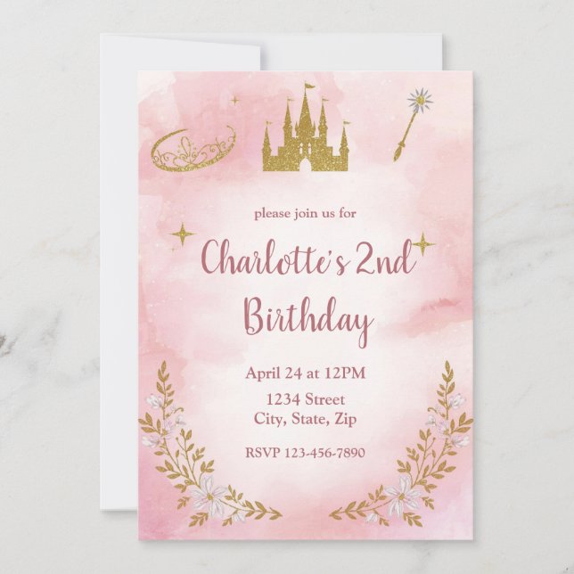 Convite Enchanted Princess Birthday Invitation Pastel Pink (Frente)