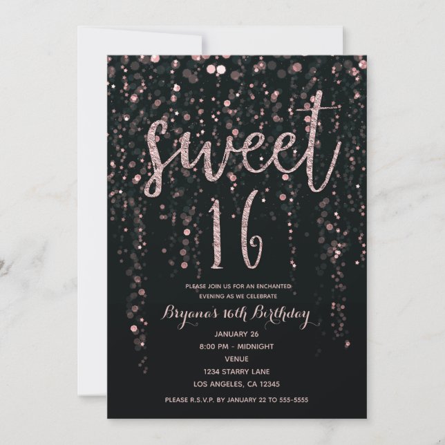 Convite Enchanted Star Lights Rosa Dourado Blush Sweet 16  (Frente)