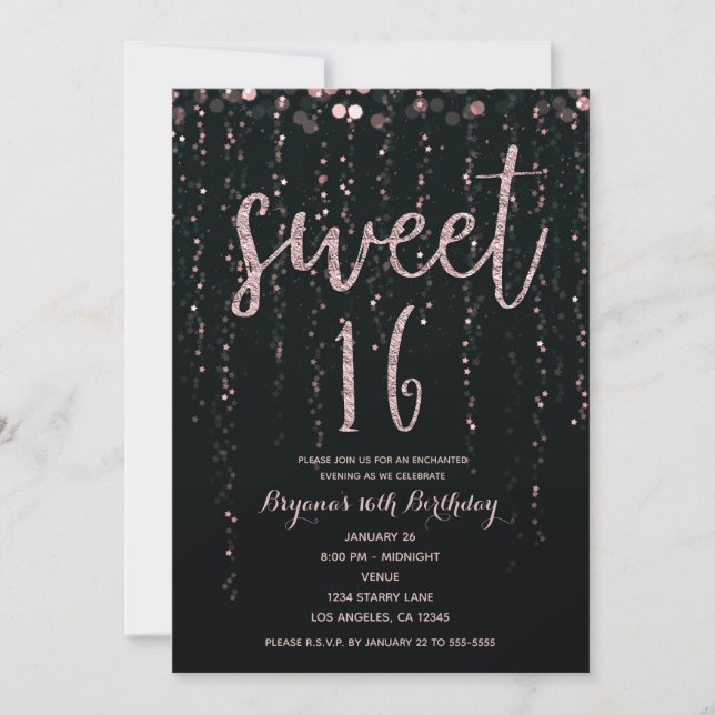 Convite Enchanted Star Lights Rosa Dourado Blush Sweet 16 (Frente)