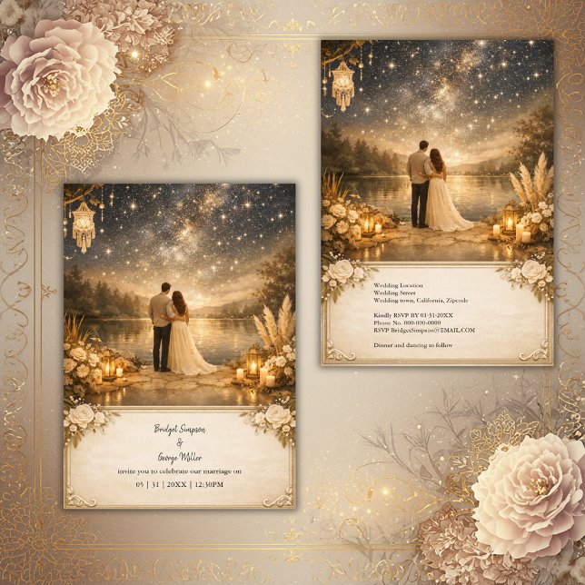 Convite Enchanted Starry Night Lake blue & gold Wedding (Criador carregado)