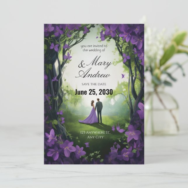 Convite Enchanted Violet Garden Wedding Invitation (Em pé/Frente)
