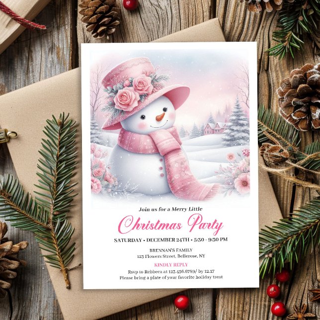 Convite Enchanting Pink Snowman Editable Christmas Invite  (Enchanting Pink Snowman Editable Christmas Invite Download)
