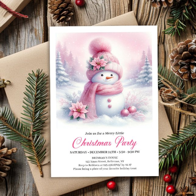Convite Enchanting Pink Snowman Kids Christmas Invitation (Enchanting Pink Snowman Kids Christmas Invite Digital File)