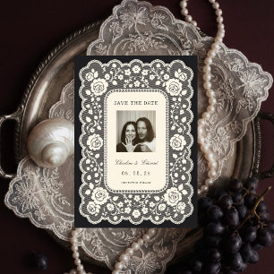 Convite Encomenda de data de casamento em renda vintage pr