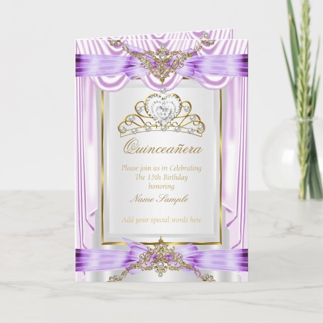 Convite Encomendar lilás roxo de Quinceanera (Frente)