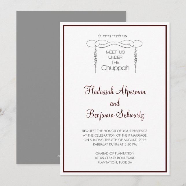 Convite Encontre-nos sob a Chuppah em Borgonha (Frente/Verso)