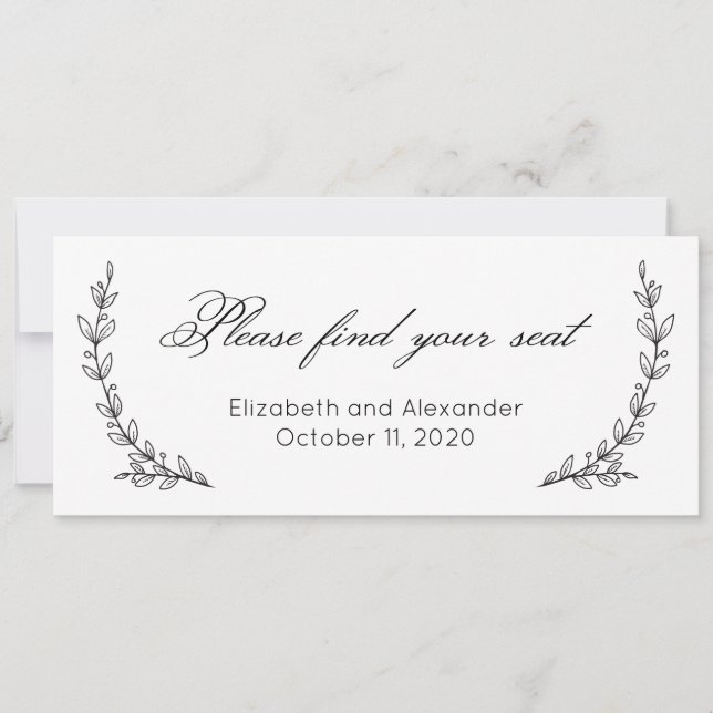 Convite Encontre seu assento. Casamento simples floral. Bo (Frente)