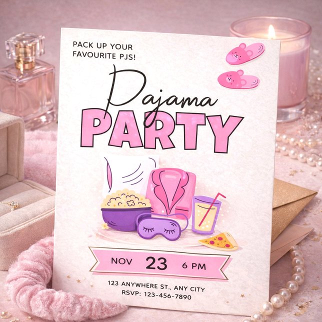 Convite Encontro Cor-de-Rosa Fofo para Meninas Festa do Pi (Cute Pink Sleepover for Girls Pajama Party Invitation, Slumber Party Invite)