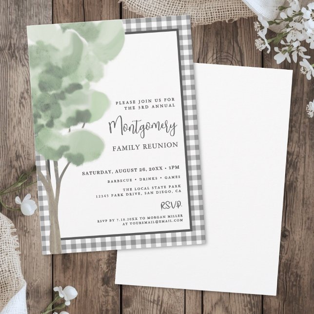 Convite Encontro da Família da Árvore Xadrez (Gingham Tree Family Reunion Invitation )