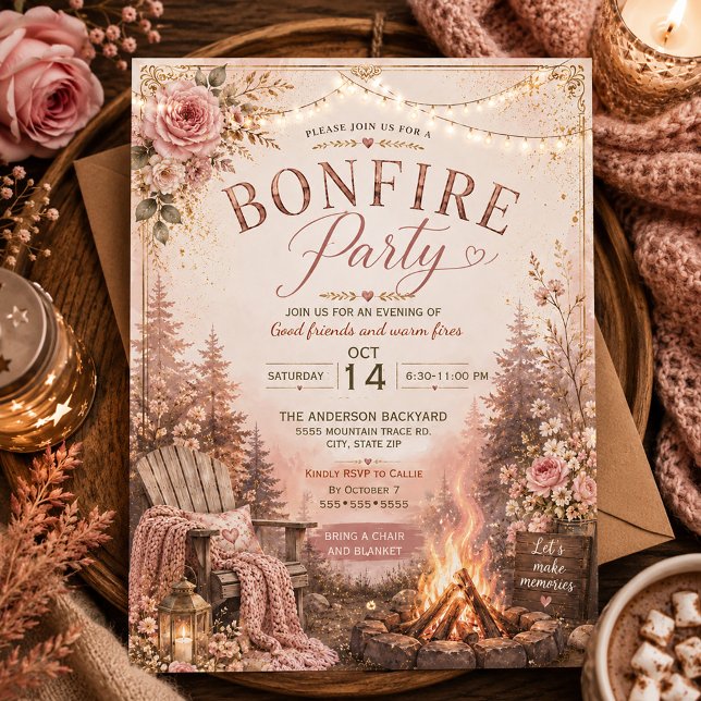Convite Encontro de Queimada de Outono  (Pink floral Autumn Bonfire Invitation)