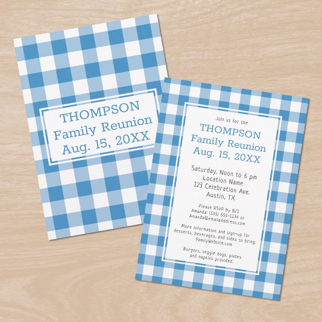 Convite Encontro Familiar Light Blue Buffalo Check Festa (Family Reunion Light Blue Buffalo Check Party Invitation, front/back)