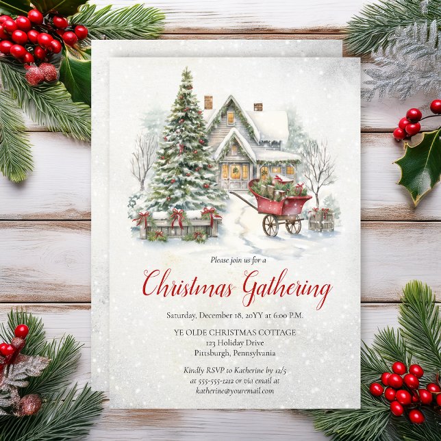 Convite Encontro Natalino em Casa de Campo Nostálgica (Nostalgic Vintage Cottage Holiday Christmas Gathering Invitation - Print | Digital Download)