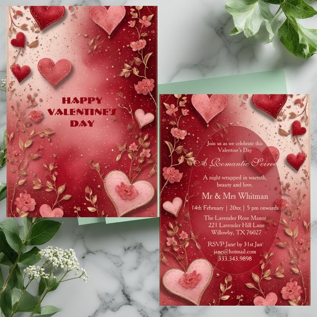 Convite Encontro Romântico de Dia dos Namorados com Coraçõ (Valentines Day Couple's Romantic Soiree Red Hearts Invitation)