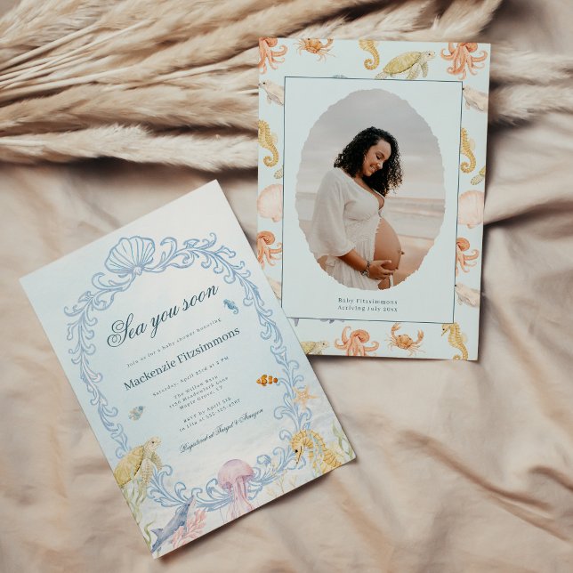 Convite Encontro Você Em Breve Churrasco de Bebê Fotográfi (Oval Sea You Soon Rococo Baby Shower Photo Invitation)