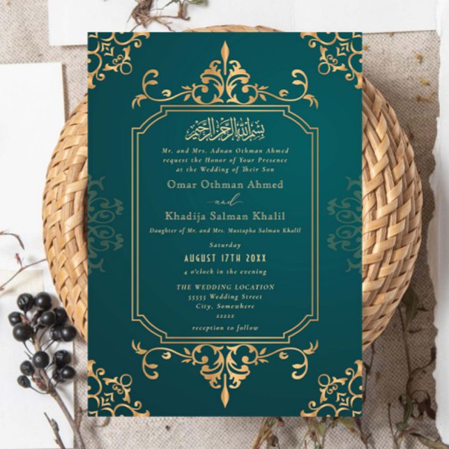 Convite Enfeite Azul Dourado e Turquesa Casamento Islâmico (Criador carregado)