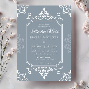 Convite Enfeite Azul Empoeirado Vintage Nuestra Boda Casam