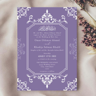Convite Enfeite Branco e Lavanda Casamento Islâmico Vintag