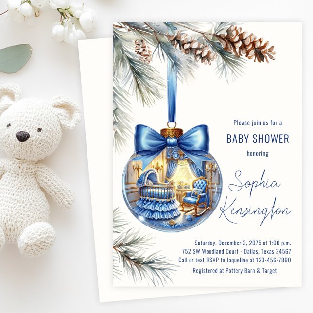 Convite Enfeite de árvore de Natal azul para chá de bebê (Boy Christmas tree ornament baby shower invitation with cute nursery scene inside the glass bauble.)
