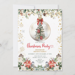 Convite Enfeite de festa de Natal com laço vermelho Floral