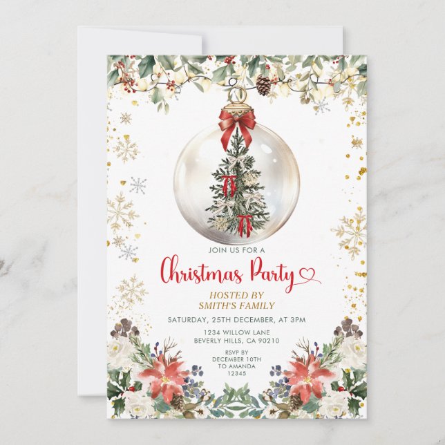Convite Enfeite de festa de Natal com laço vermelho Floral (Frente)