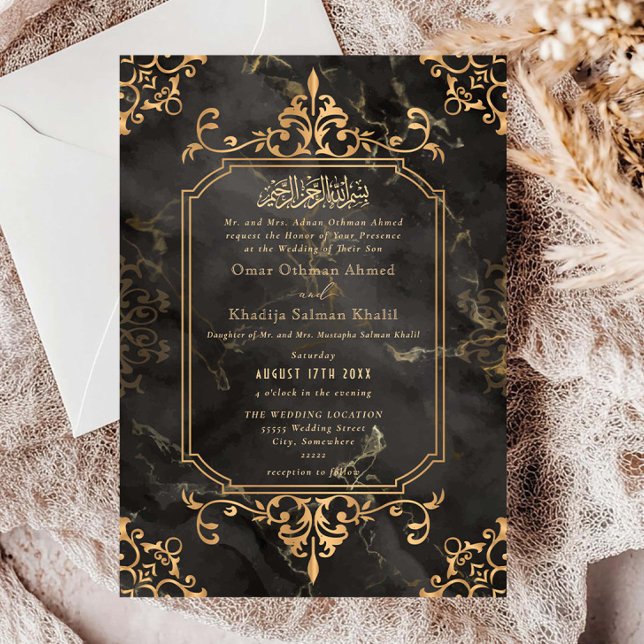 Convite Enfeite de Mármore Dourado Casamento Islâmico Vint (Criador carregado)