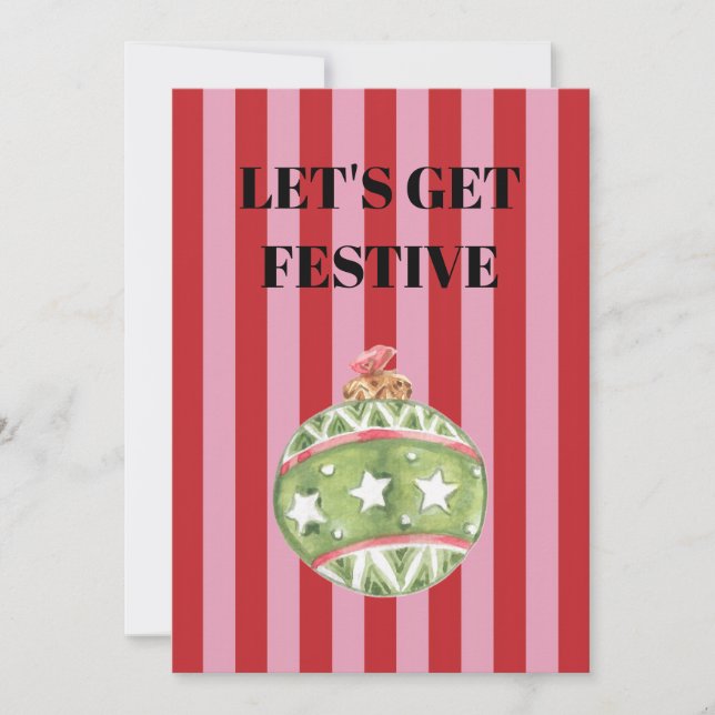 Convite Enfeite de Natal com listras rosa e vermelha (Frente)