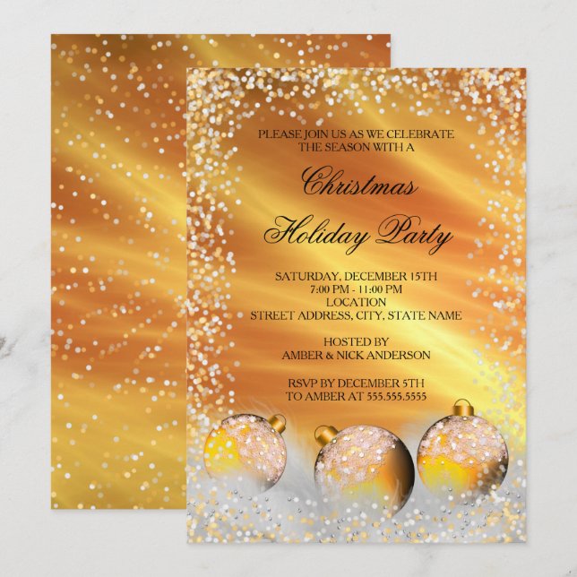 Convite Enfeite de Natal em Ouro Amarelo para Festa de Fim (Frente/Verso)