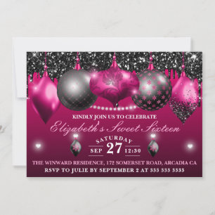 Convite Enfeite de Natal Rosa Quente e Preto Sweet 16
