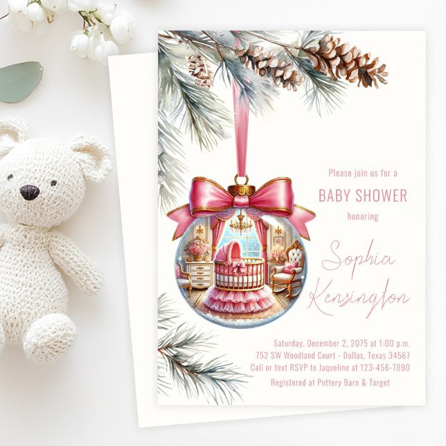 Convite Enfeite Elegante Rosa Chás de Bebê de Natal (Girl Christmas tree ornament baby shower invitation with glass ornament with pink nursery scene. )